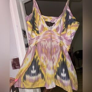 James Caviello- Silk Ikat Shirt-10 Pink Yellow Lined Side Zipper Halter Strap